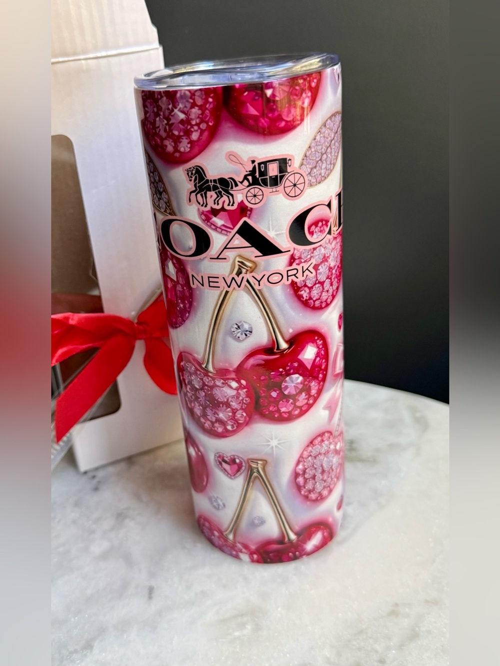 Cherry Tumbler with cherries & diamonds design 16 oz NIB